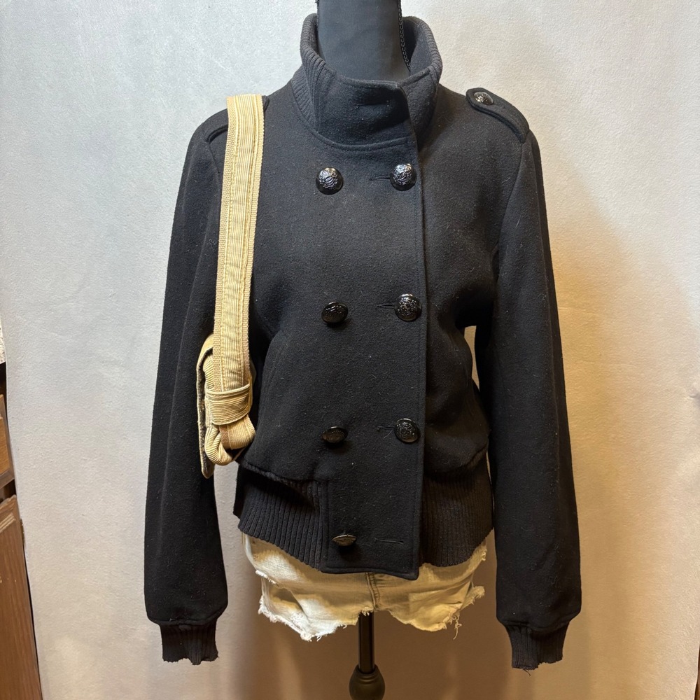 Guess Jeans Womens Black Wool Blend Military Bomber Pea Coat Jacket L Grunge